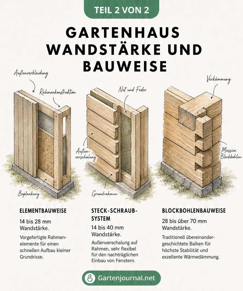 Drei isometrische Detailansichten von Hausecken, die Elementbauweise, Steck-Schraub-System und Blockbohlenbauweise zeigen