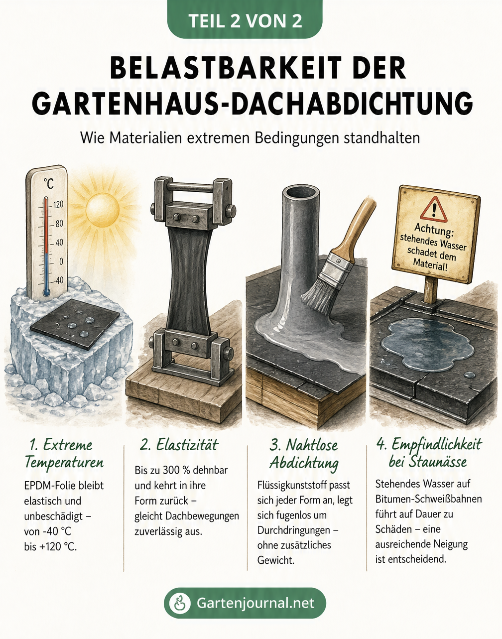 Vier Miniatur-Szenen zeigen die Belastbarkeit von Dachabdichtungen: EPDM-Folie bei extremen Temperaturen und Dehnung, Flüssigkunststoff an einem Rohr und...