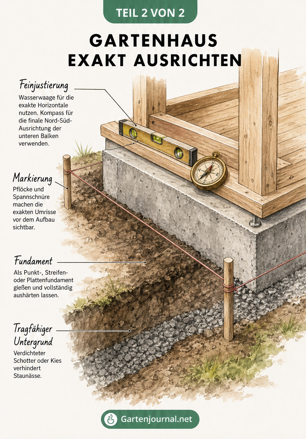 Querschnitt eines Gartenhaus-Fundaments mit Schotter, Beton, Spannschnüren und Wasserwaage zur exakten Ausrichtung.