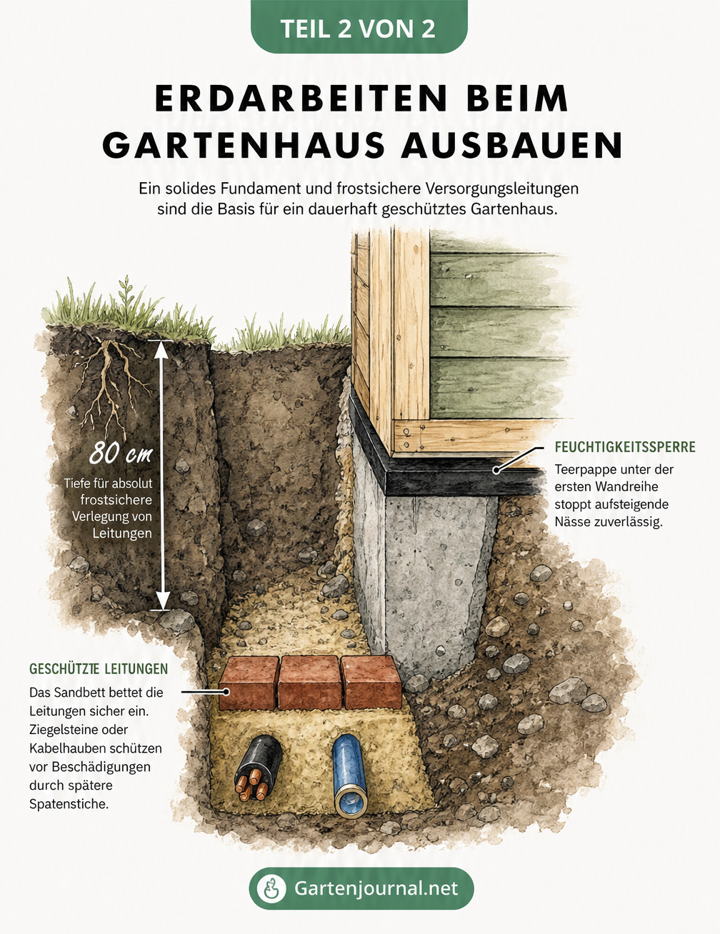Querschnitt des Erdreichs unter einem Gartenhaus mit Fundament und Versorgungsgraben