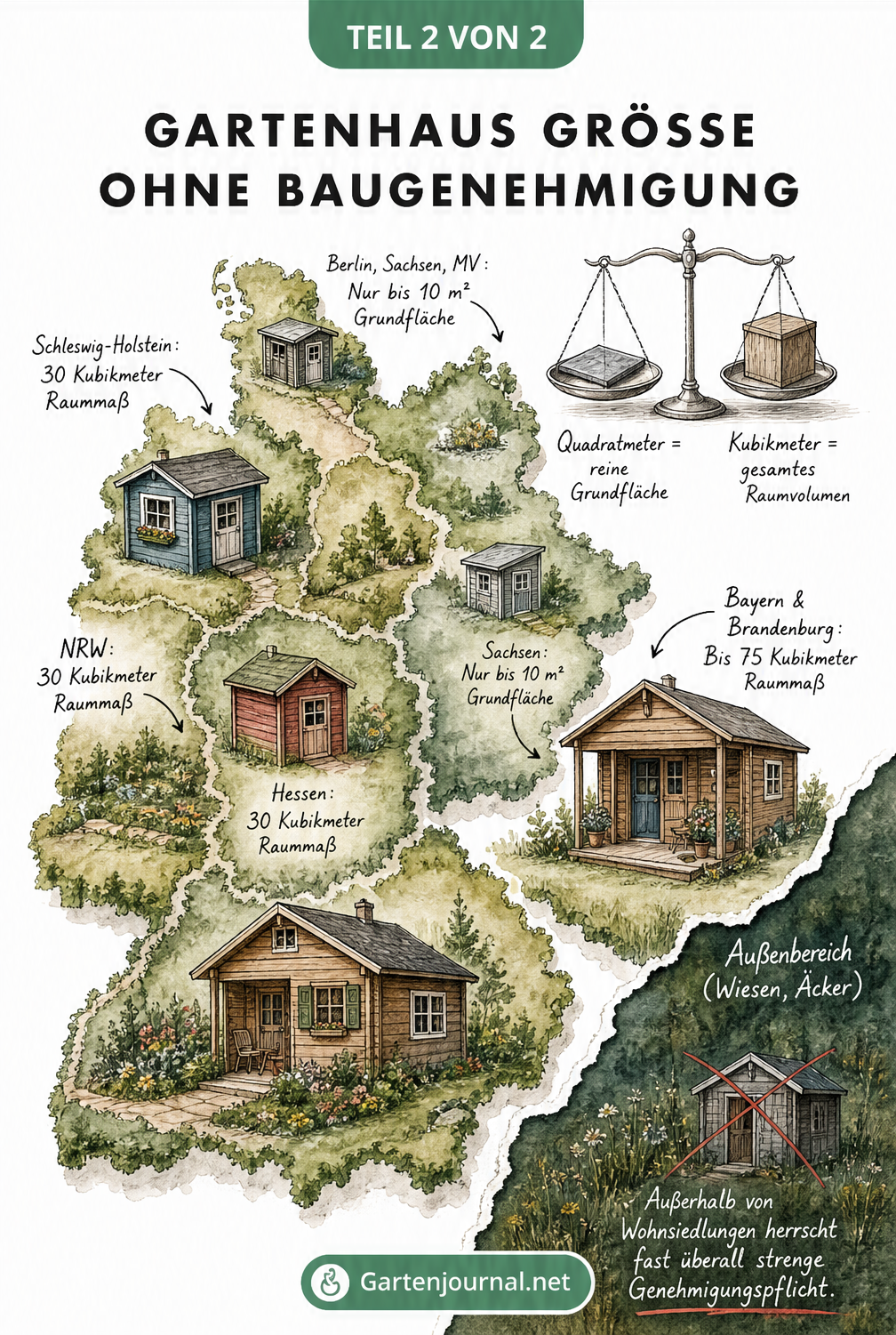 Illustrierte Deutschlandkarte mit unterschiedlich großen Gartenhäusern, die die genehmigungsfreien Größen je Bundesland zeigt.
