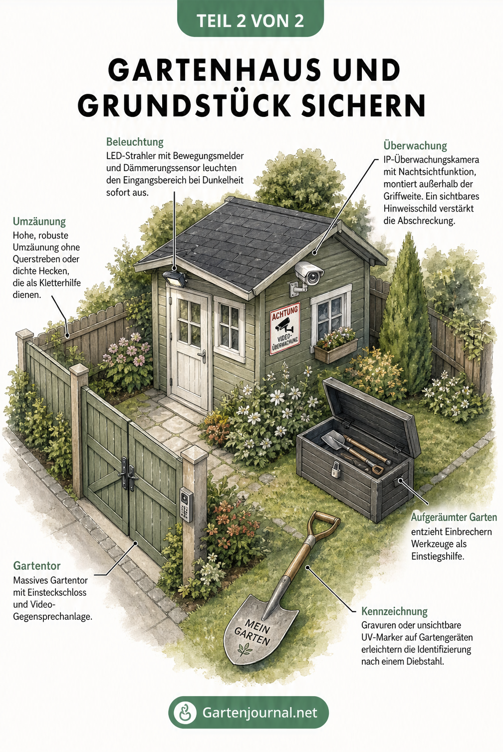 Isometrische Darstellung eines Gartengrundstücks mit Sicherheitszonen wie Zaun, LED-Strahler, Überwachungskamera und aufgeräumtem Garten