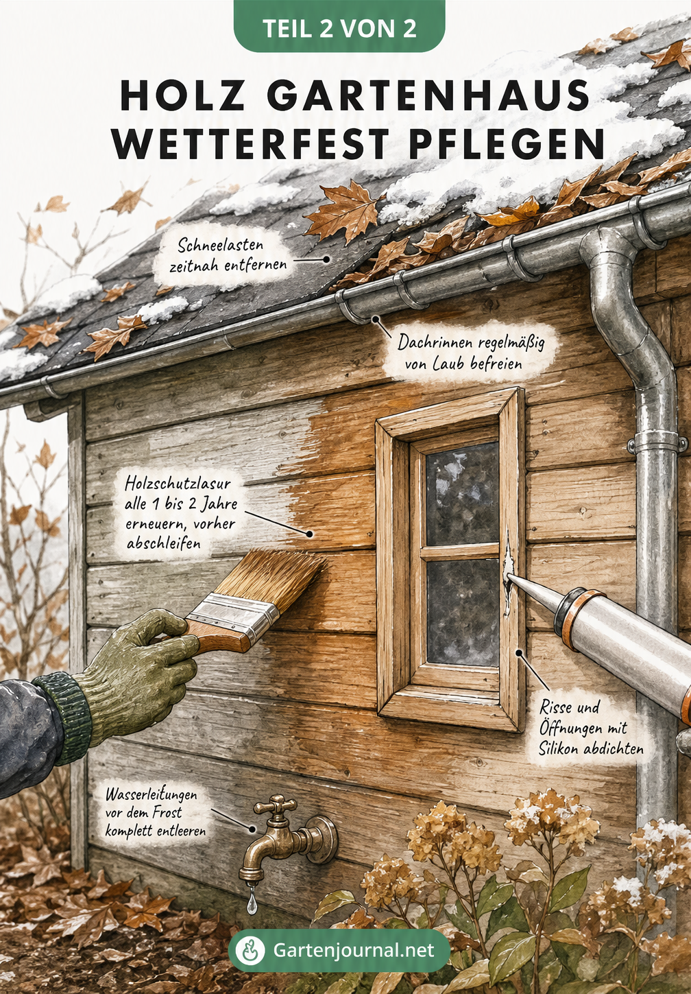 Nahaufnahme einer Gartenhaus-Ecke im Herbst mit Hinweisen zu Holzschutzlasur, Silikonabdichtung und Dachreinigung