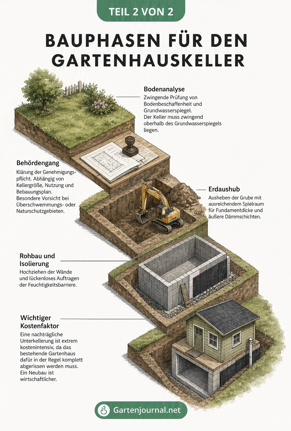 Isometrische Darstellung der Bauphasen für einen Gartenhauskeller, von der Bodenanalyse bis zum Rohbau.