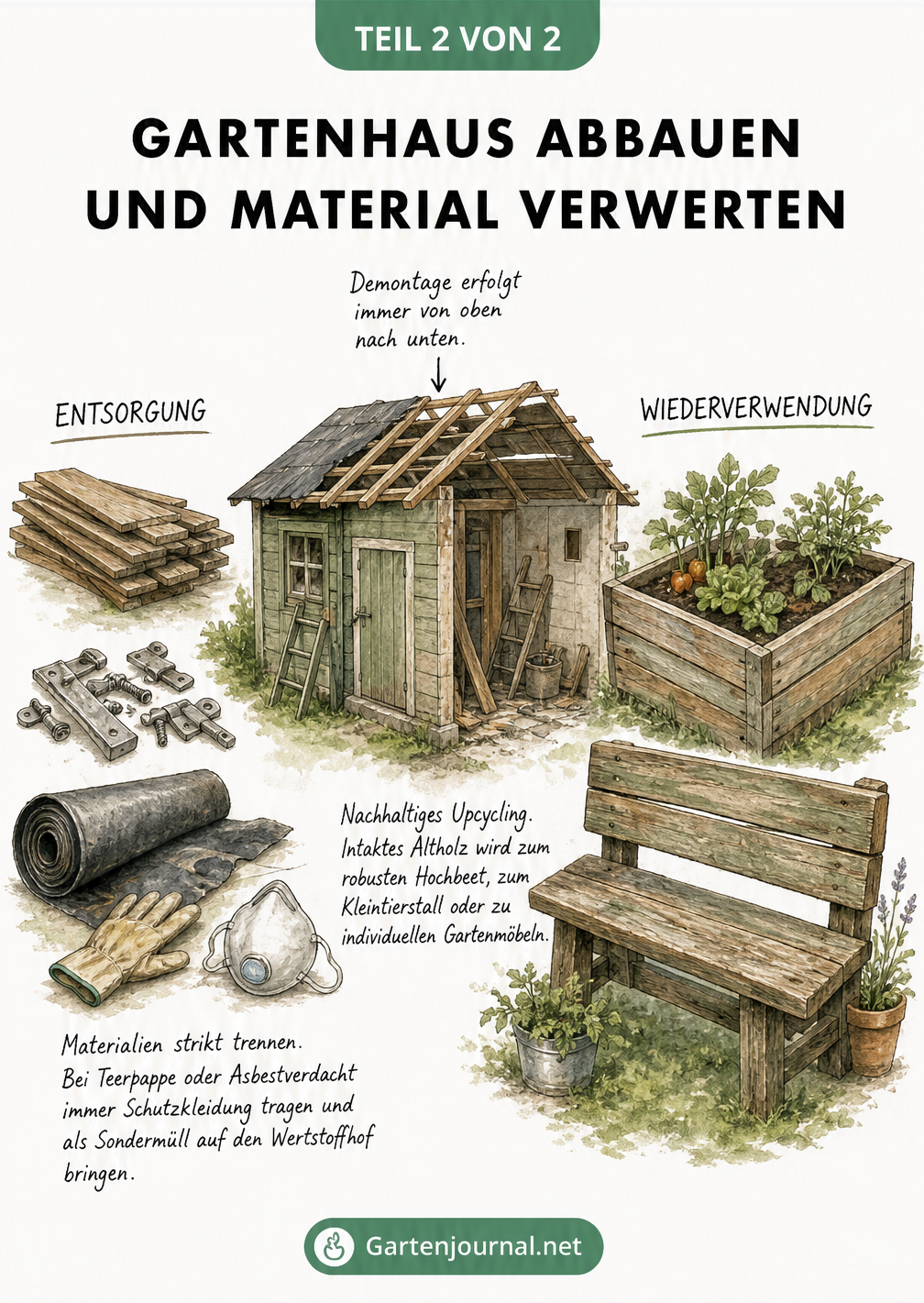 Skizze zur Entsorgung und Wiederverwendung von Gartenhaus-Materialien: Trennung von Holz, Metall und Dachpappe sowie Upcycling zu Hochbeet und Gartenbank.