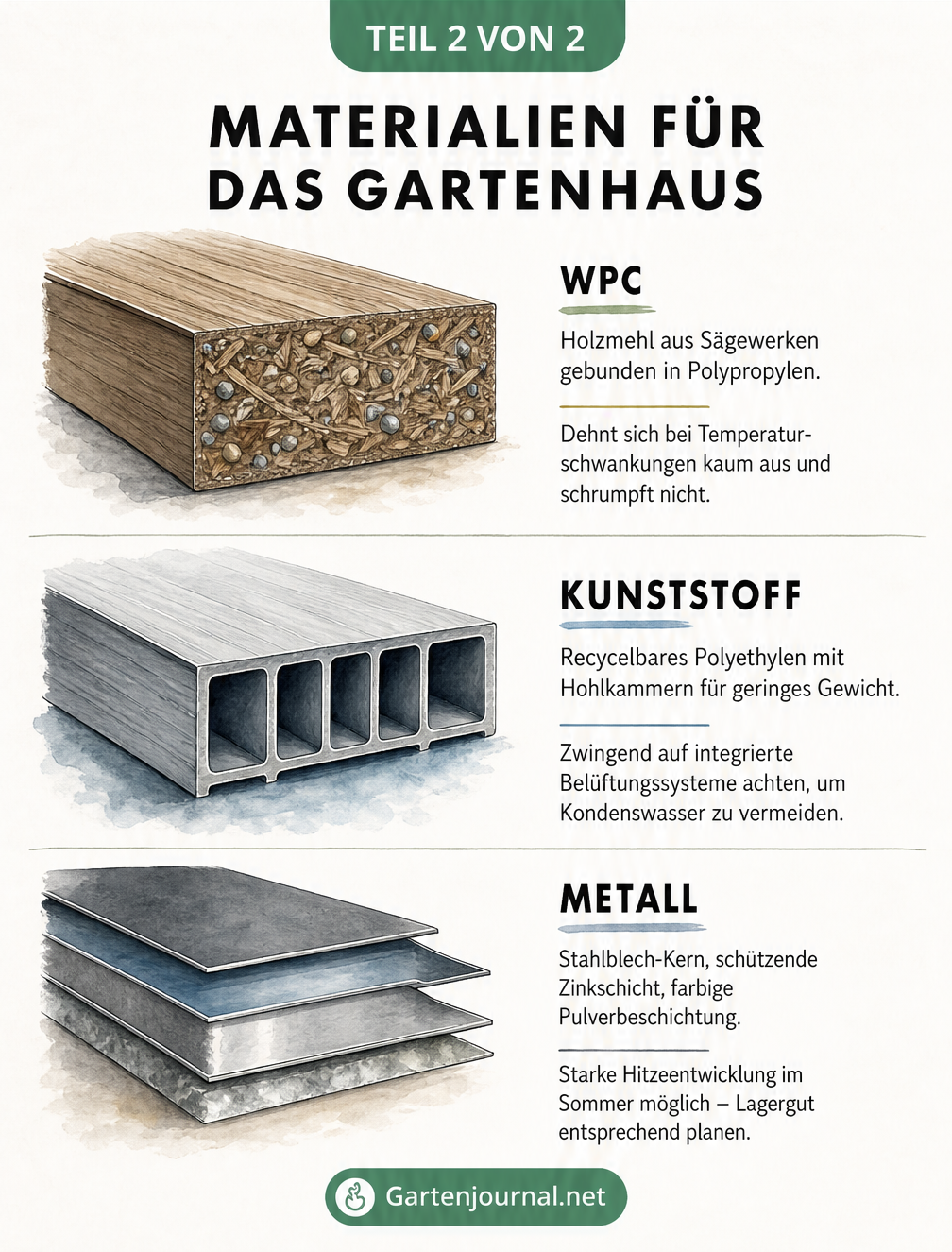 Querschnitte der Materialien WPC, Kunststoff und Metall für Gartenhäuser mit technischen Details