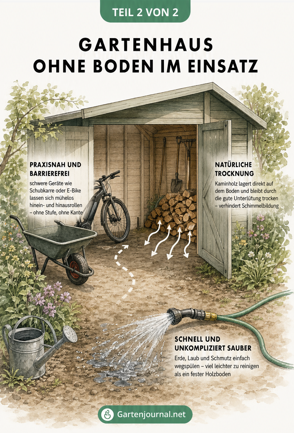Isometrische Illustration eines Gartenhauses ohne Boden, das ebenerdiges Einräumen von E-Bike und Schubkarre, trockene Kaminholzlagerung und einfache Reinigung...