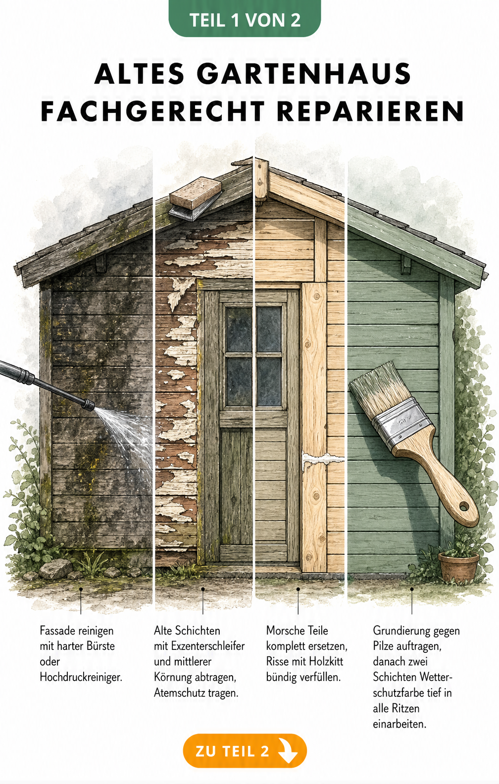 Illustration eines Holz-Gartenhauses, das in vier Zonen den Reparaturprozess von der Reinigung bis zum Neuanstrich zeigt