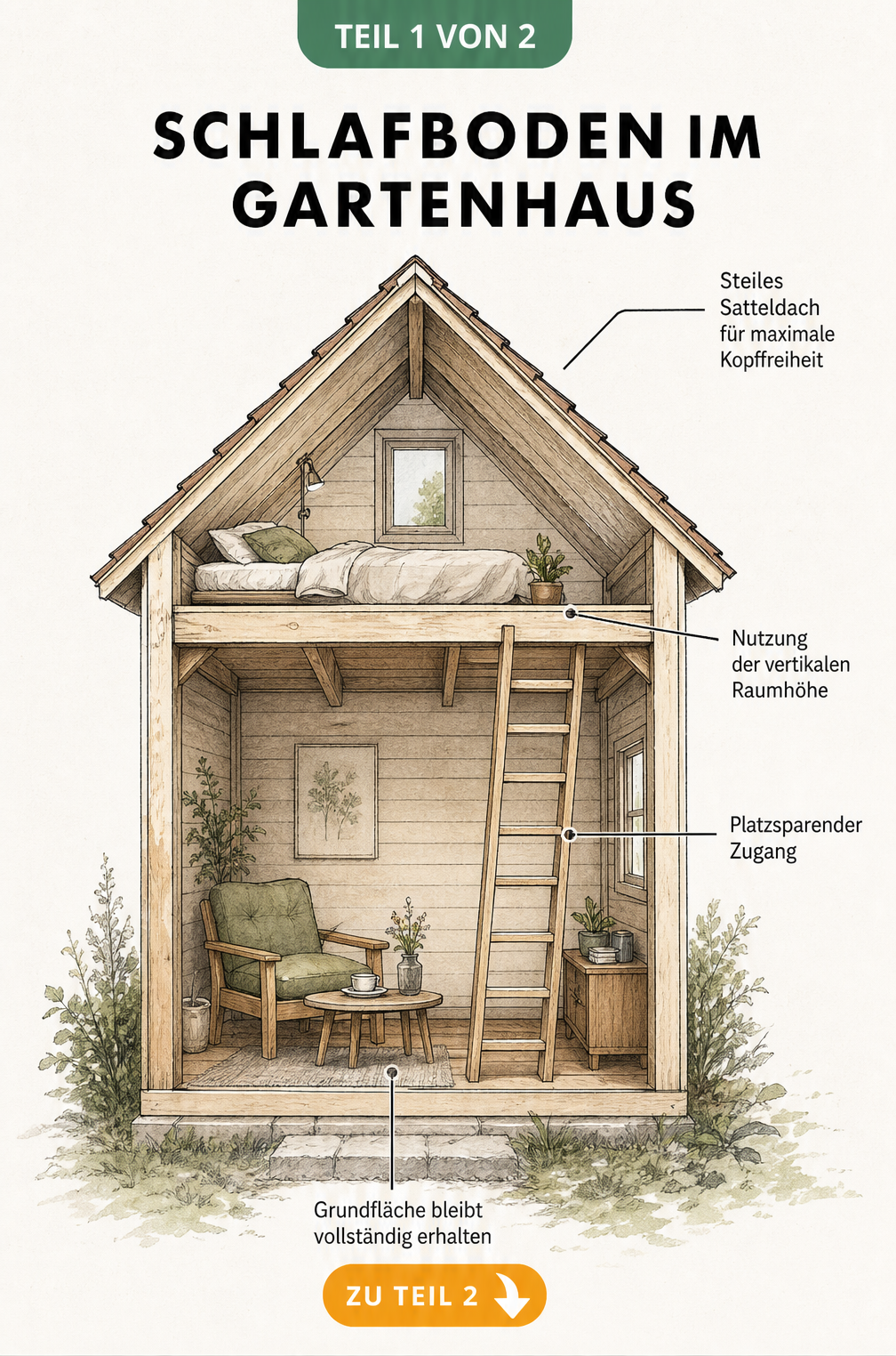 Architektur-Schnittgrafik eines Holz-Gartenhauses mit Schlafboden unter dem Satteldach und Leiter