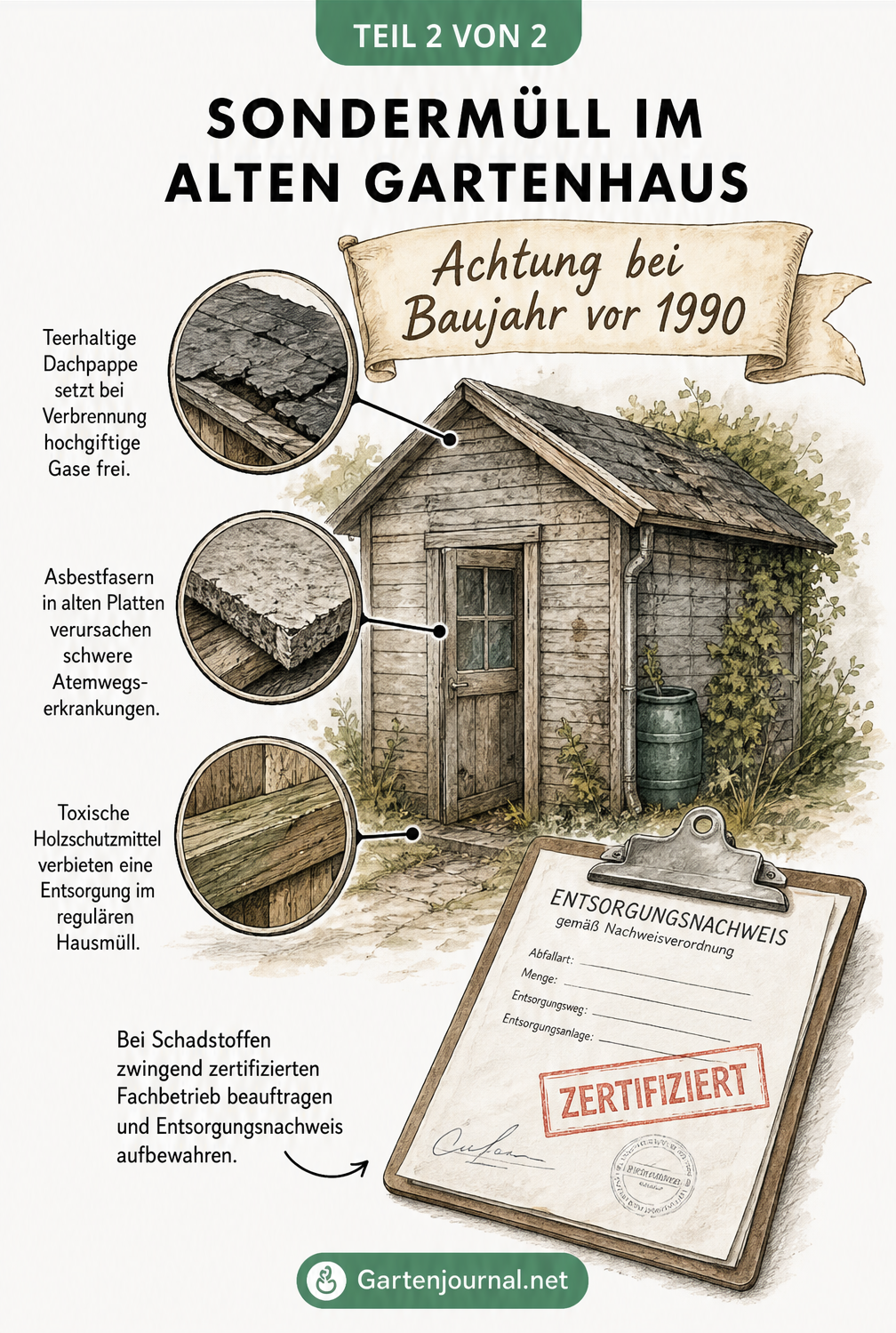 Illustration eines alten Gartenhauses mit Lupen auf Asbest, Teerpappe und Holzschutzmittel