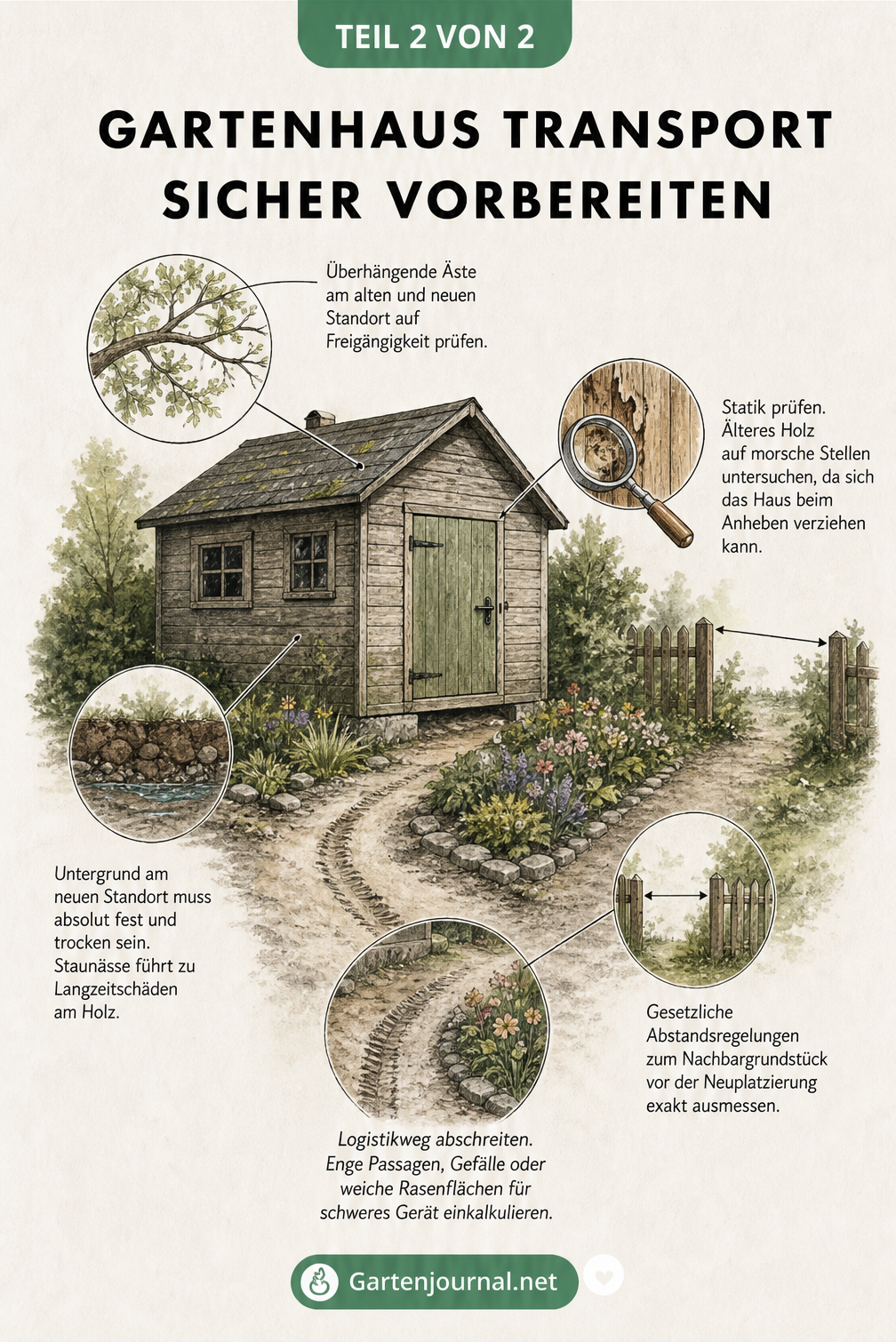 Skizze zur Vorbereitung eines Gartenhaus-Transports mit Hinweisen zu Ästen, Statik, Untergrund, Grundstücksgrenzen und Transportweg.