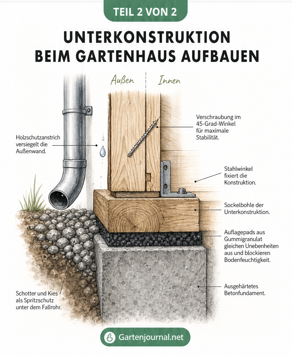 Detaillierter Querschnitt der Unterkonstruktion eines Gartenhauses mit Fundament, Feuchtigkeitssperre und Sockelbohle