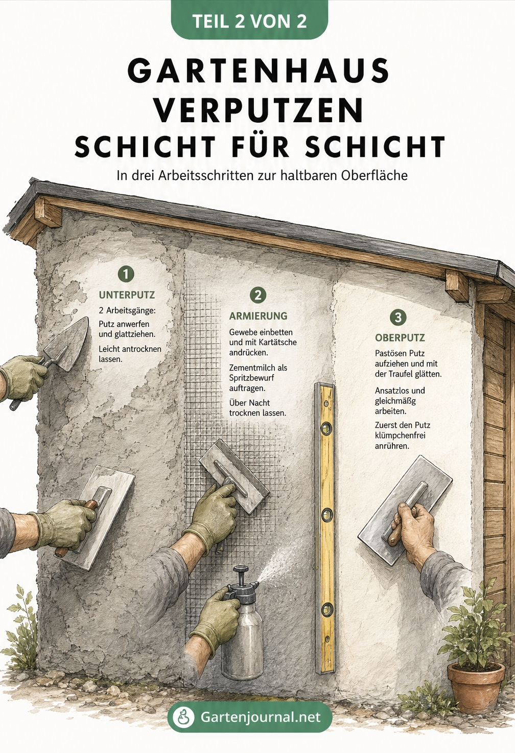 Illustration der Arbeitsschritte beim Verputzen: Unterputz, Armierung und Oberputz