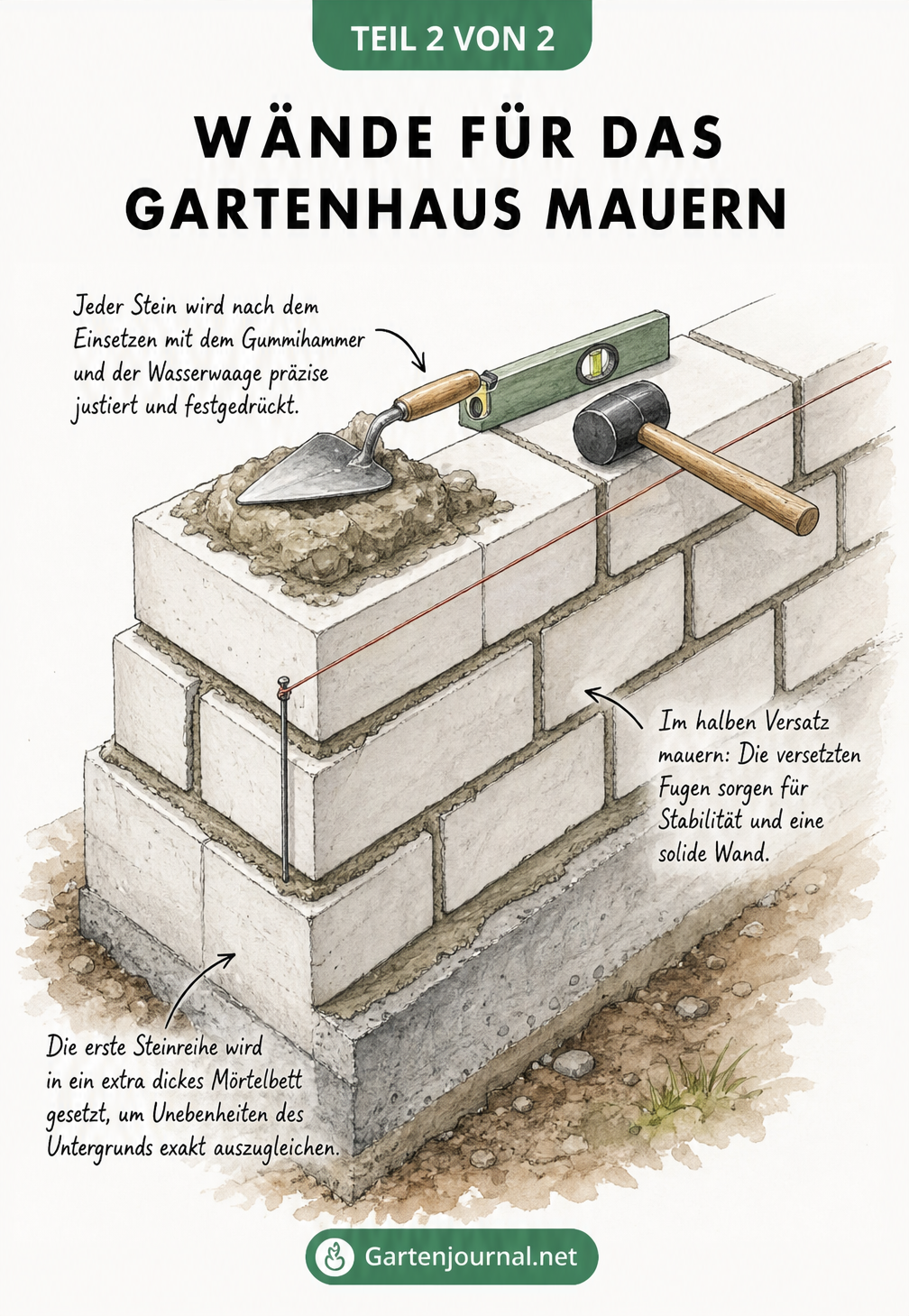 Isometrische Zeichnung einer gemauerten Ecke aus Kalksandsteinen mit Maurerschnur, Mörtel und Gummihammer