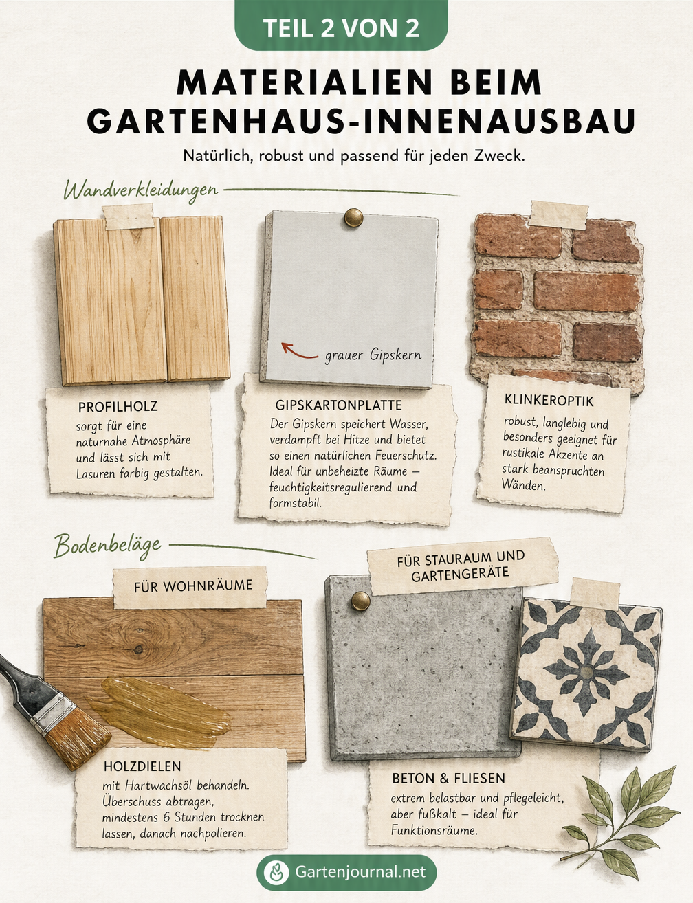 Architektonische Querschnitts-Skizze eines Gartenhauses mit Details zur Wärmedämmung an Dach, Wand und Boden