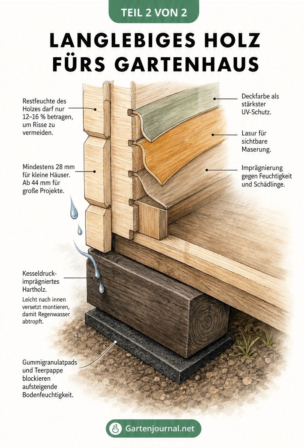 Schnittzeichnung der unteren Ecke eines Gartenhauses mit Wandaufbau, Holzschutz, Fundamentbalken und Bodensperre.