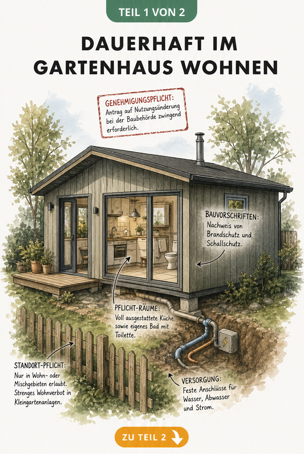 Architektur-Skizze eines Gartenhauses mit Hinweisen zu Baugenehmigung, Standortpflicht, Brandschutz und Versorgungsanschlüssen
