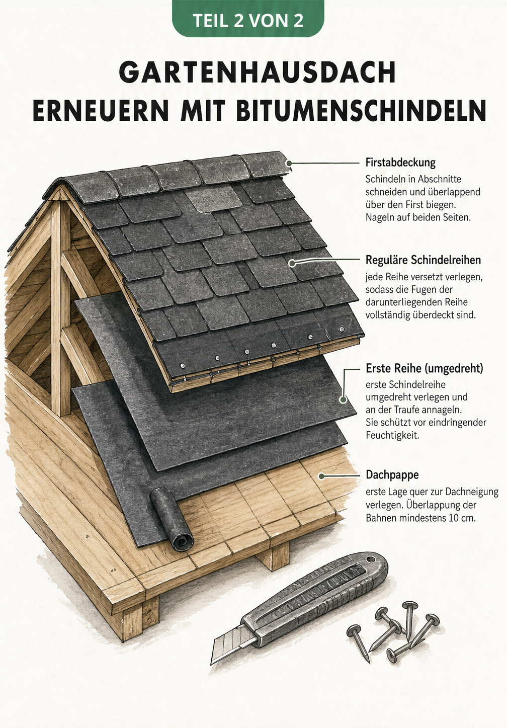 3D-Darstellung eines Gartenhausdaches mit den Schichten aus Holzbrettern, Dachpappe und Bitumenschindeln