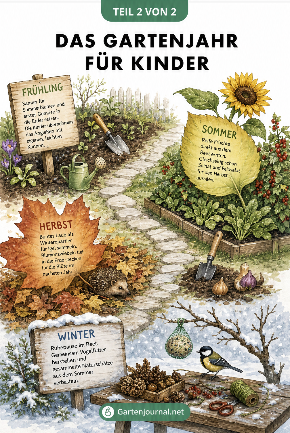 Illustration eines Gartenpfads durch die vier Jahreszeiten mit Aktivitäten für Kinder wie Aussaat, Ernte, Laub sammeln und Vogelfutter herstellen