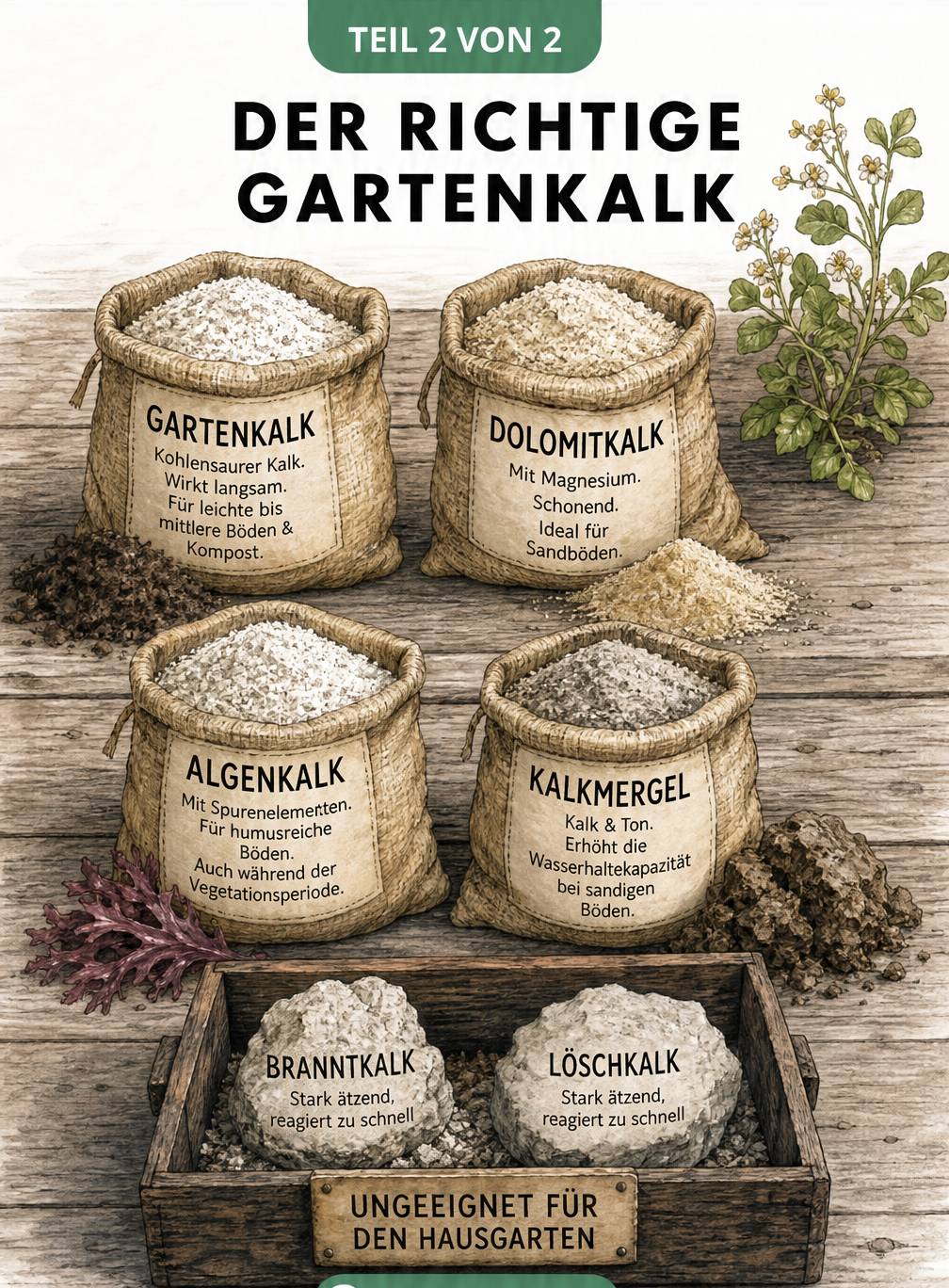 Illustration verschiedener Kalkarten wie Gartenkalk, Dolomitkalk, Algenkalk und Kalkmergel in Jutesäckchen auf einem Pflanztisch.