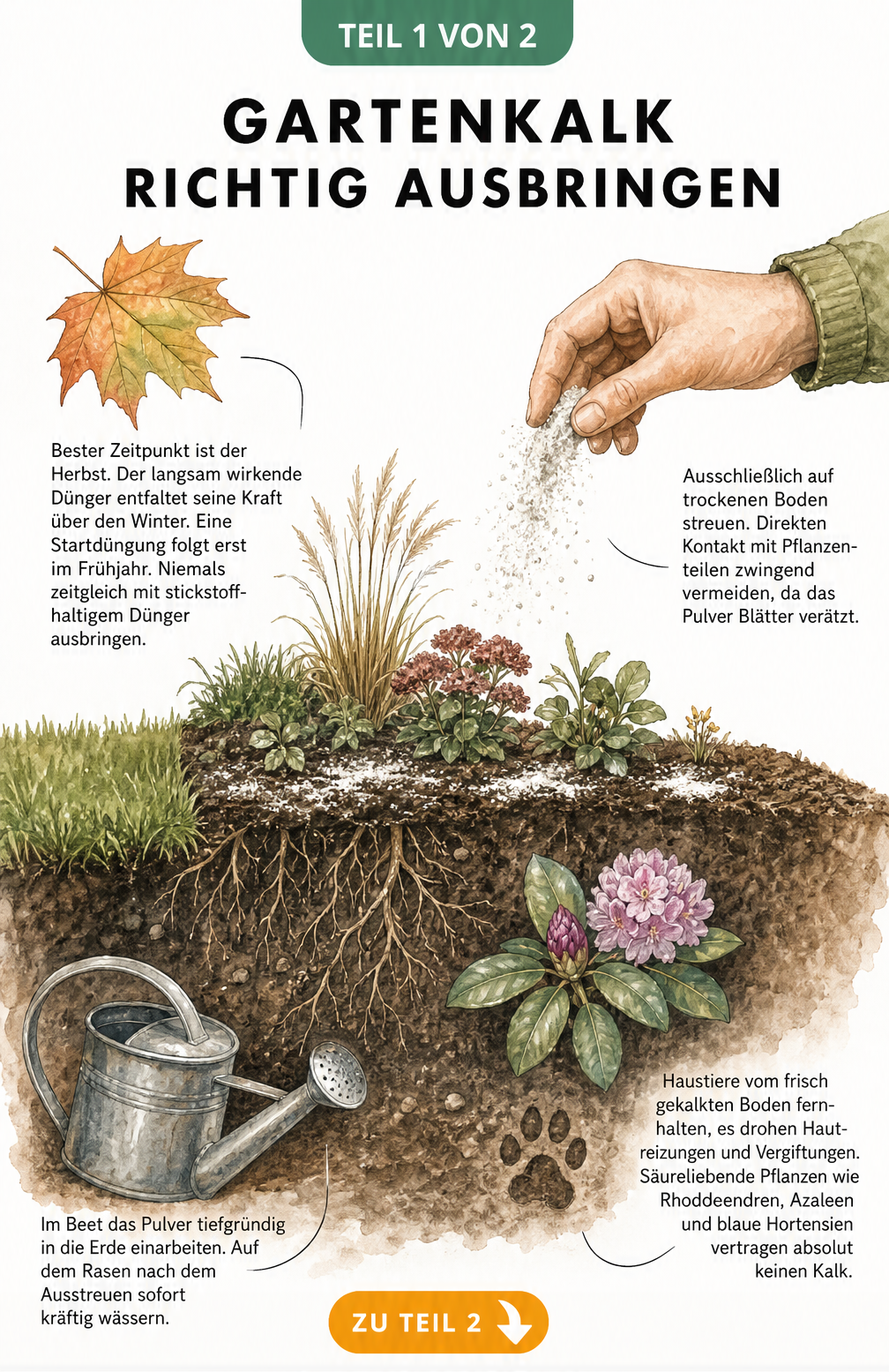 Illustration eines Gartenbeets mit Rasenkante, die das richtige Ausbringen von Gartenkalk im Herbst zeigt.