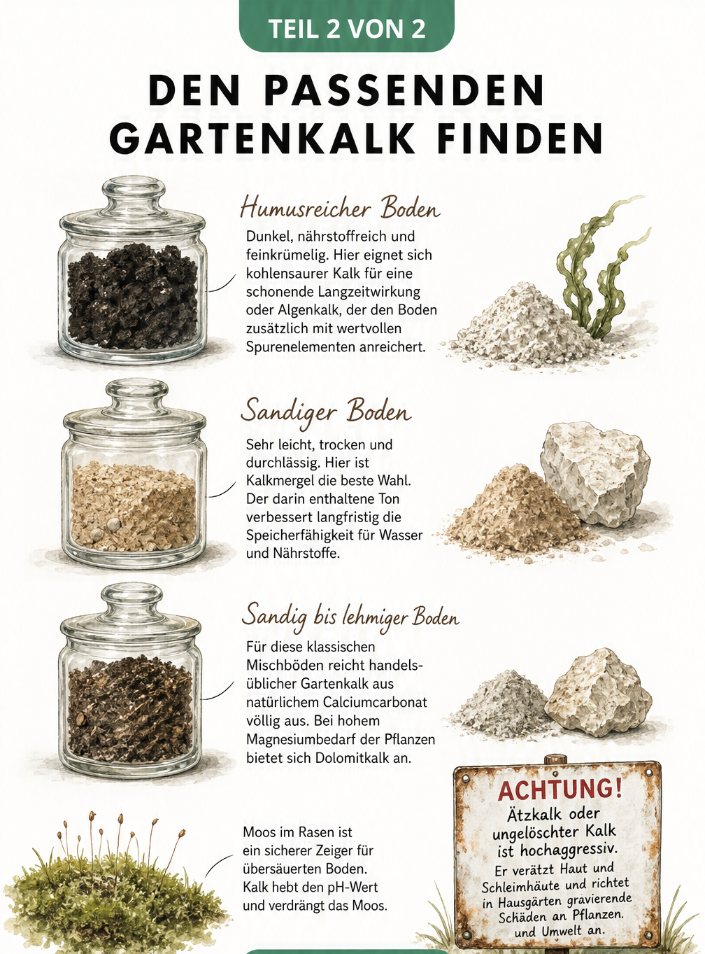 Drei Apothekergläser mit verschiedenen Bodenstrukturen zur Auswahl des passenden Gartenkalks.