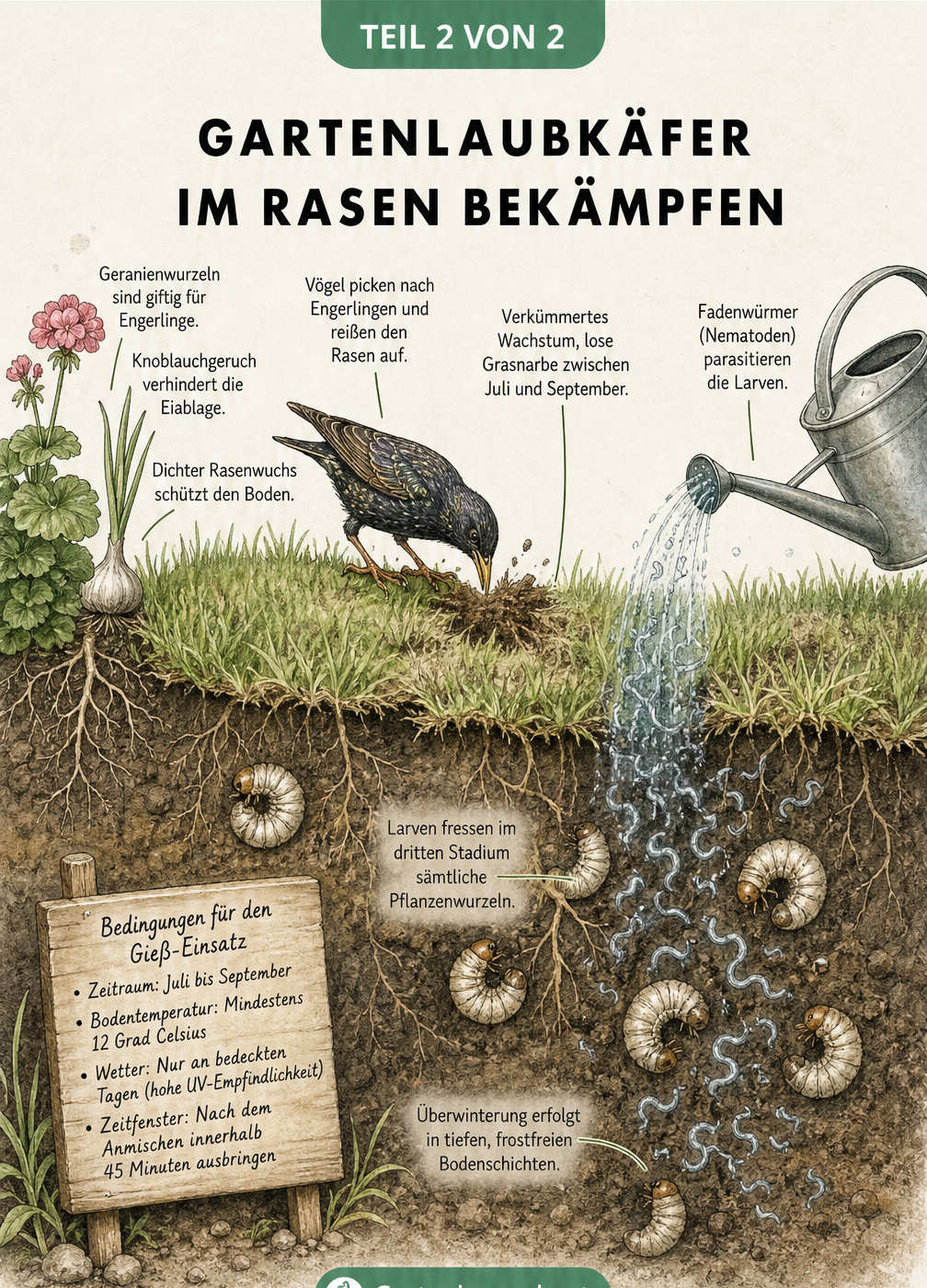 Querschnitt durch einen Rasen mit Engerlingen an den Wurzeln und dem Einsatz von Nematoden zur natürlichen Bekämpfung
