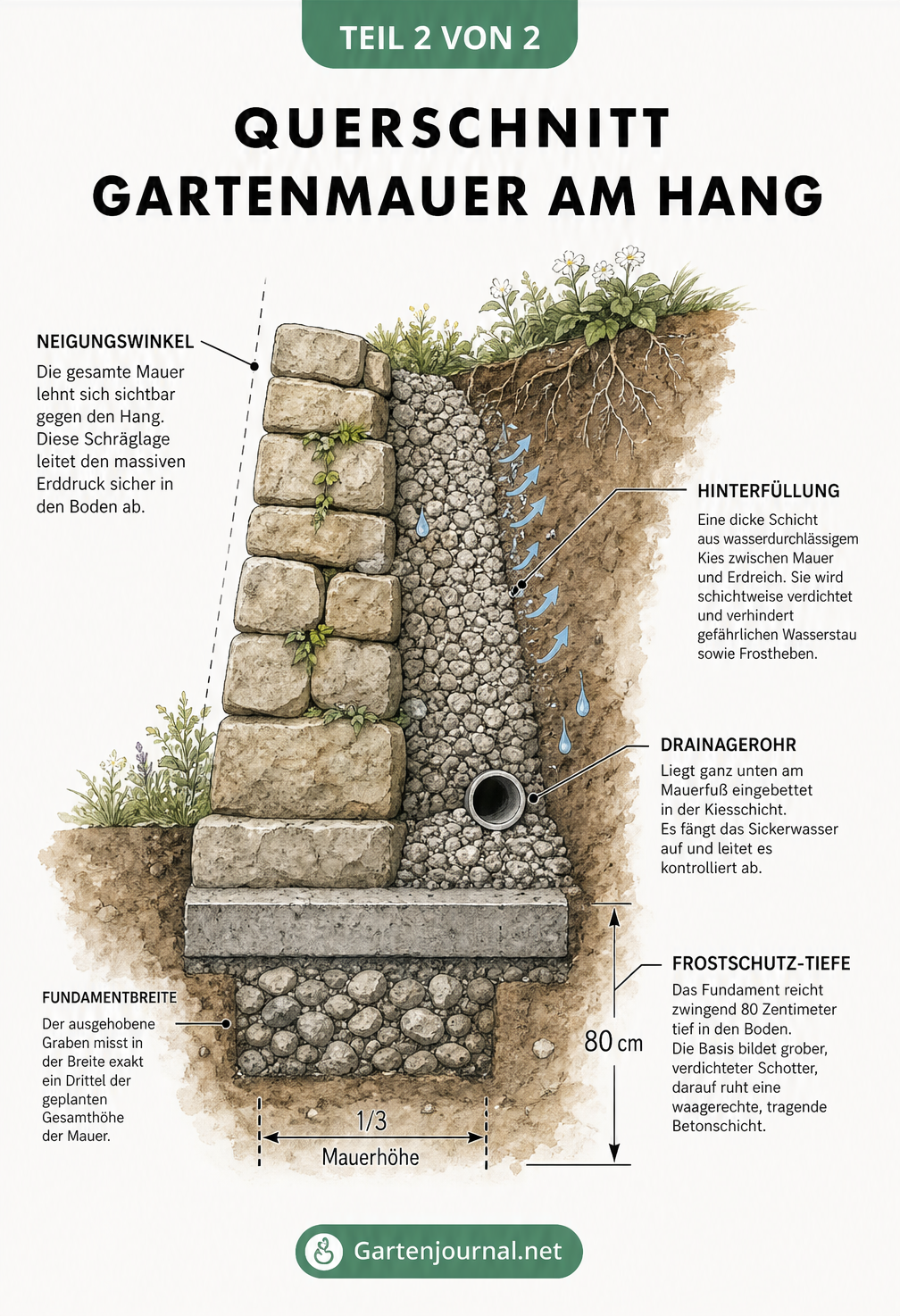 Querschnitt einer Gartenmauer am Hang mit Darstellung von Fundament, Drainage, Hinterfüllung und Neigungswinkel