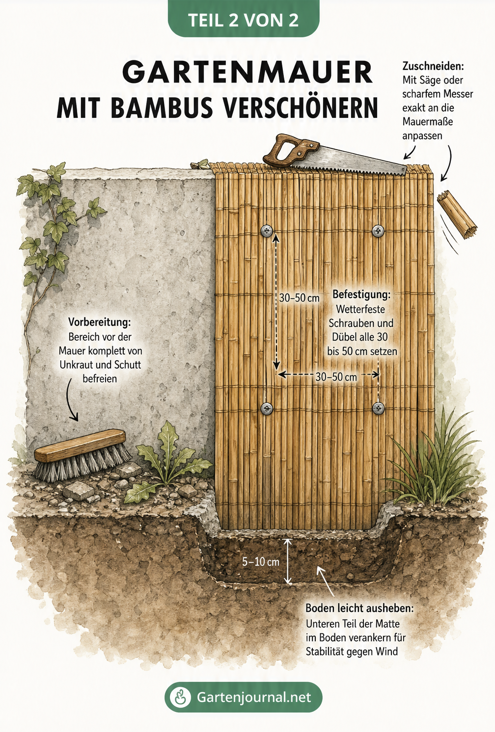3D-Skizze einer Gartenmauer, die schichtweise mit einer Holz-Unterkonstruktion und horizontalen Holzpaneelen verkleidet wird