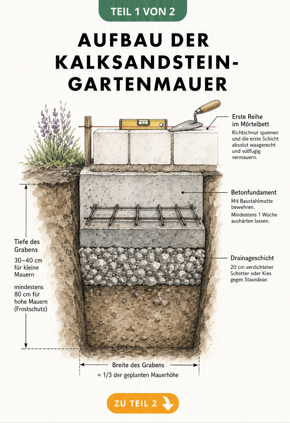 Querschnitt einer Gartenmauer aus Kalksandstein mit Fundament, Drainage und erster Steinreihe