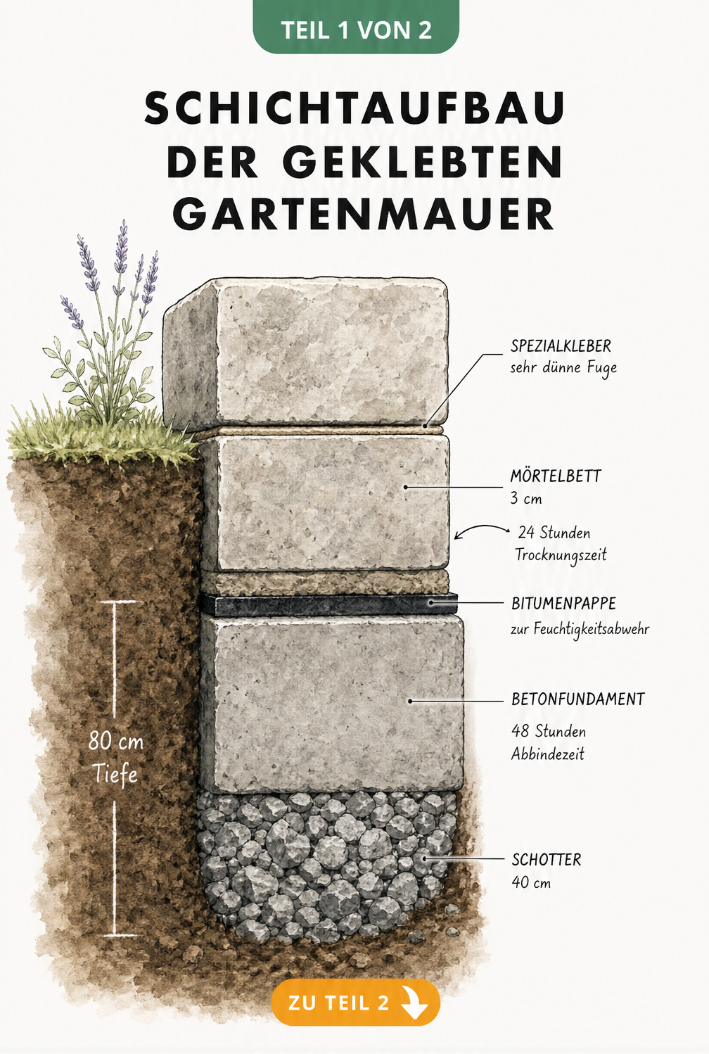 Querschnitt einer geklebten Gartenmauer mit Fundament, Schotter, Bitumenpappe und Mörtelbett