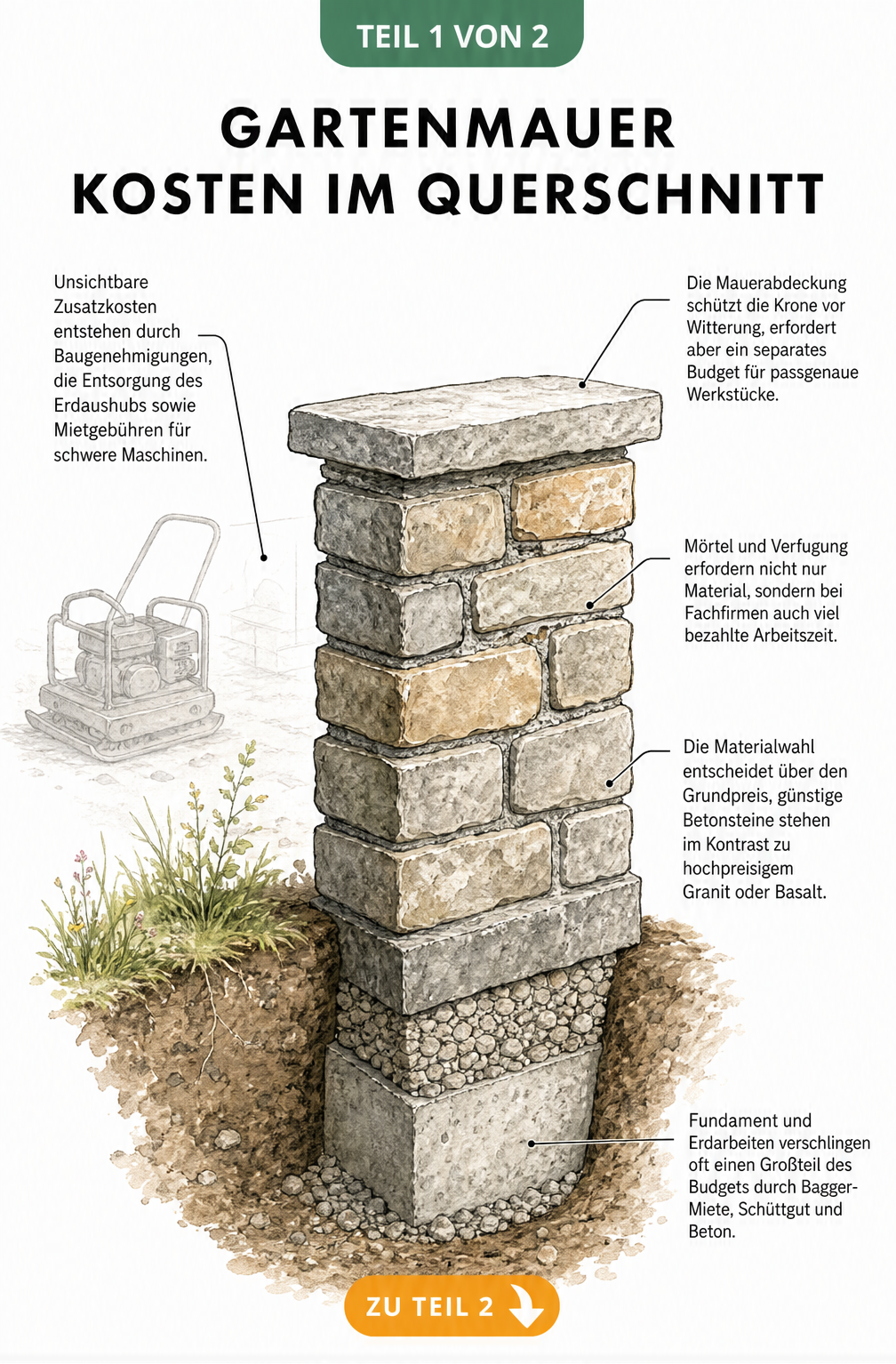 Querschnitt einer Gartenmauer mit Fundament, Steinen, Fugen und Mauerabdeckung sowie den jeweiligen Kostenfaktoren