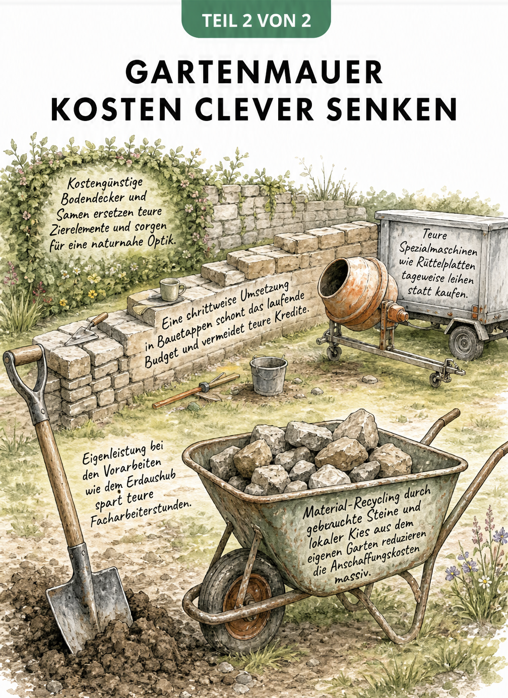 Gartenszene mit Mauerbau in Etappen, Schubkarre mit gebrauchten Steinen und Betonmischer zur Veranschaulichung von Sparpotenzialen