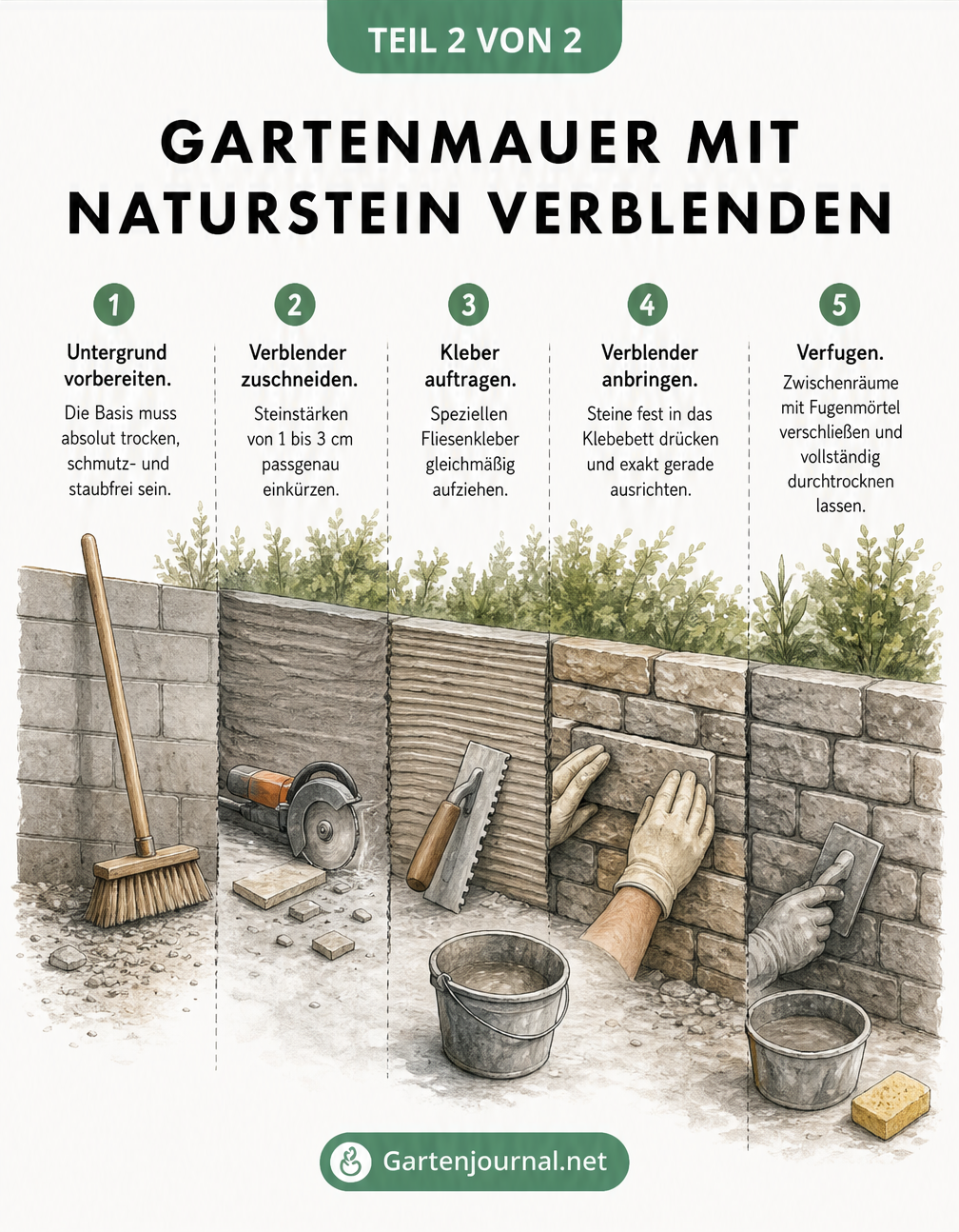 Schritt-für-Schritt-Anleitung als Schnittzeichnung: Gartenmauer mit Naturstein verblenden, vom Untergrund bis zum Verfugen