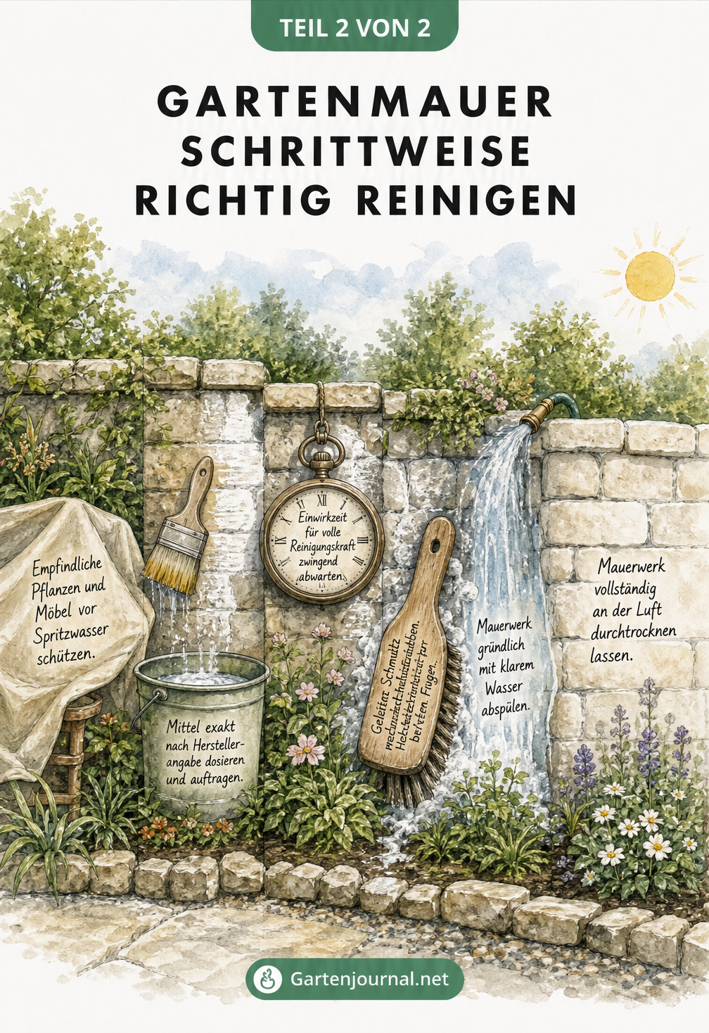 Panorama-Illustration der sechs Schritte zur Reinigung einer Gartenmauer, vom Abdecken der Pflanzen über das Auftragen des Reinigungsmittels bis zum Abspülen...
