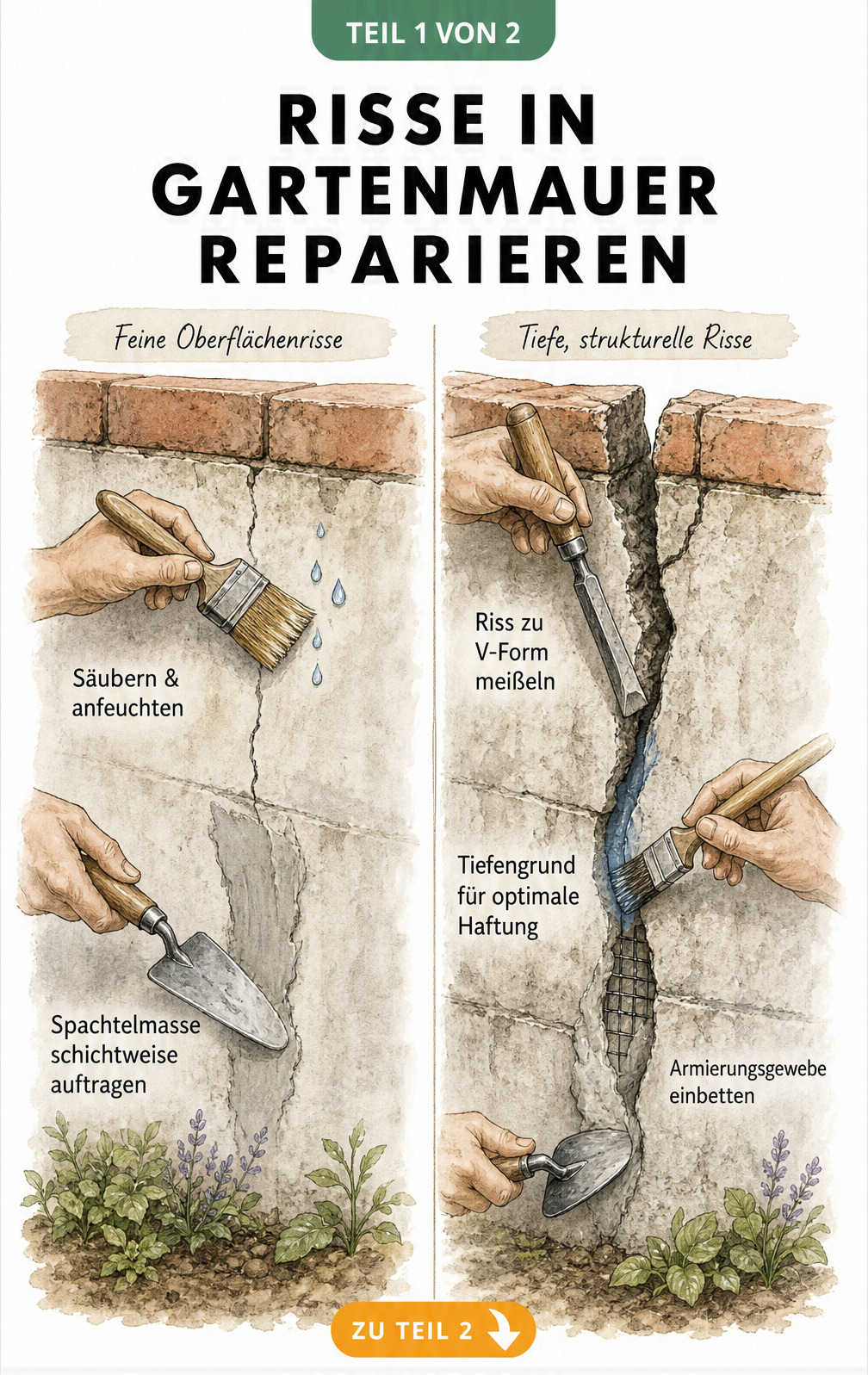 Illustration zur Reparatur von Rissen in einer Gartenmauer mit Spachtelmasse und Armierungsgewebe