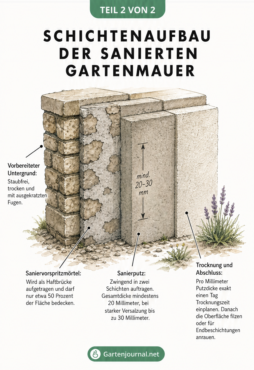 3D-Schnittgrafik des Schichtenaufbaus einer sanierten Gartenmauer mit Saniervorspritzmörtel und Sanierputz.