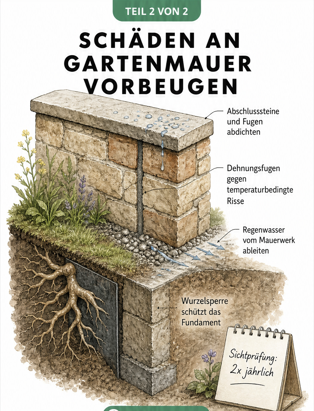 Isometrische Darstellung einer Gartenmauer mit präventiven Maßnahmen wie Dehnungsfugen und Wurzelsperre