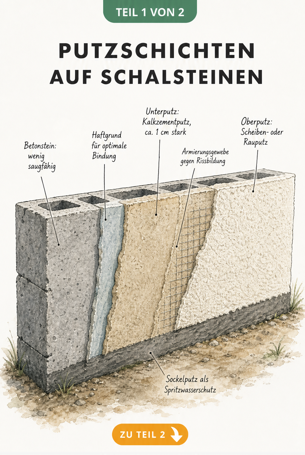 3D-Schnittzeichnung einer Gartenmauer aus Schalungssteinen mit den verschiedenen Putzschichten: Haftgrund, Unterputz mit Armierungsgewebe, Oberputz und...