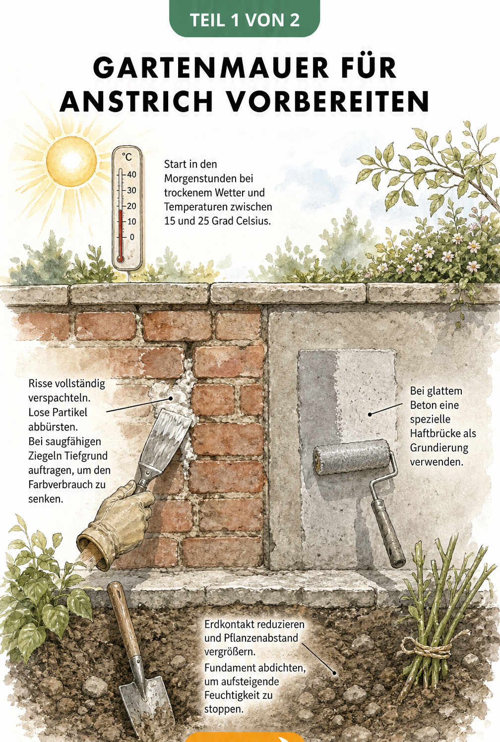 Querschnitt einer Gartenmauer mit Vorbereitungsschritten wie Risse verspachteln, Tiefgrund auftragen und Fundament abdichten