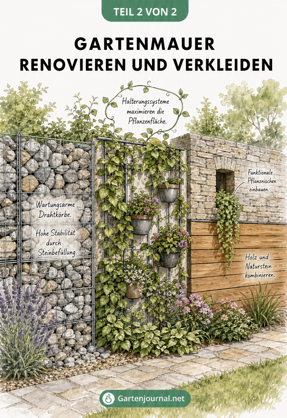 Zeichnung einer Gartenmauer mit drei Gestaltungszonen: Gabionen, Vertical Garden und Holz-Naturstein-Mix