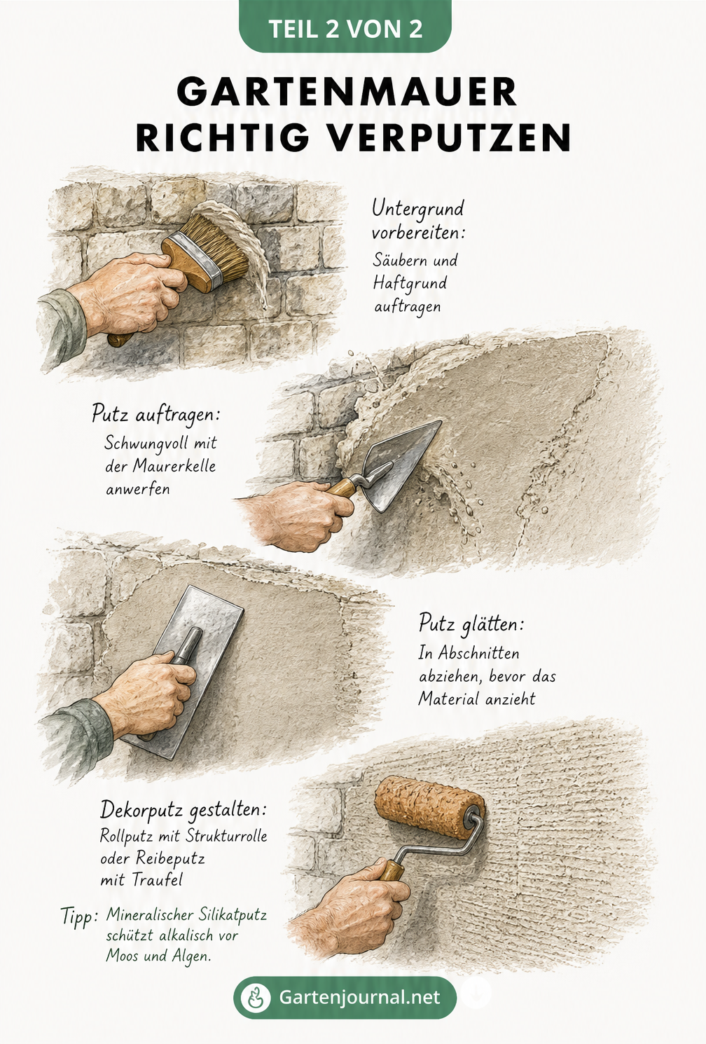 Illustration der Arbeitsschritte beim Verputzen einer Gartenmauer: Untergrund vorbereiten, Putz anwerfen, glätten und Dekorputz gestalten.