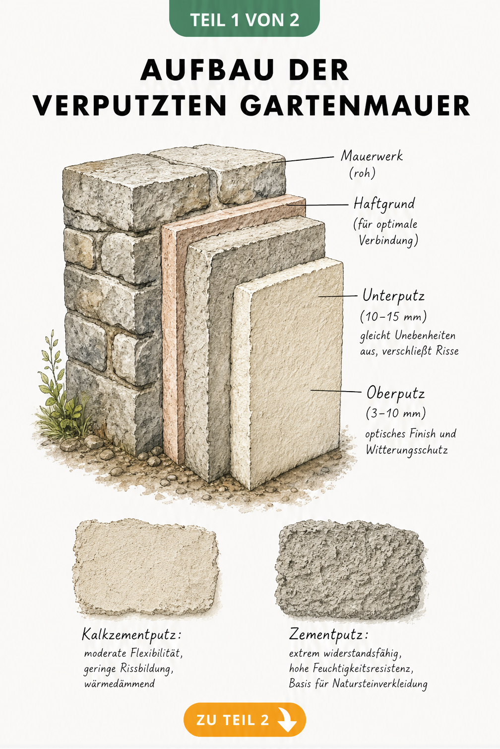 Architektur-Schnittzeichnung einer verputzten Gartenmauer mit Schichten für Haftgrund, Unterputz und Oberputz sowie Materialproben von Kalkzementputz und...