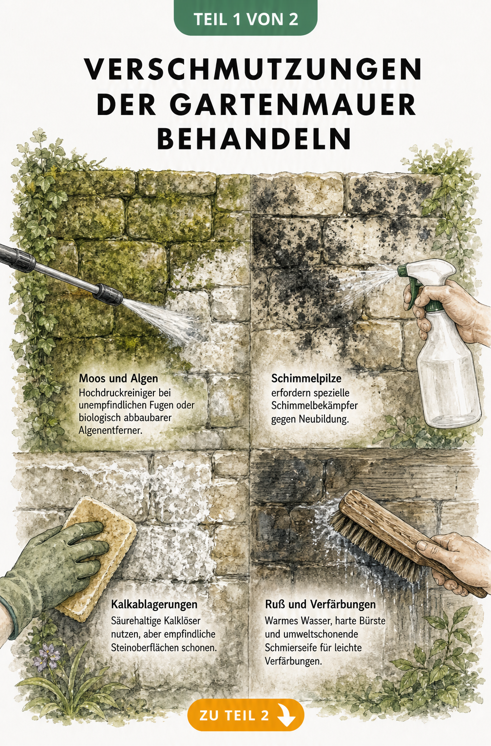 Illustration einer Gartenmauer mit vier Zonen, die Moos, Schimmel, Kalk und Ruß sowie die passenden Reinigungswerkzeuge wie Hochdruckreiniger und Bürste zeigen.