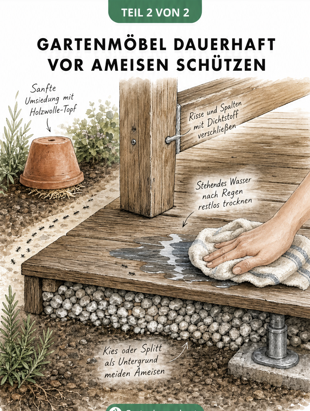 Querschnitt einer Terrasse mit Tipps zum dauerhaften Schutz von Gartenmöbeln vor Ameisen durch Kies, Trockenheit und Dichtstoffe