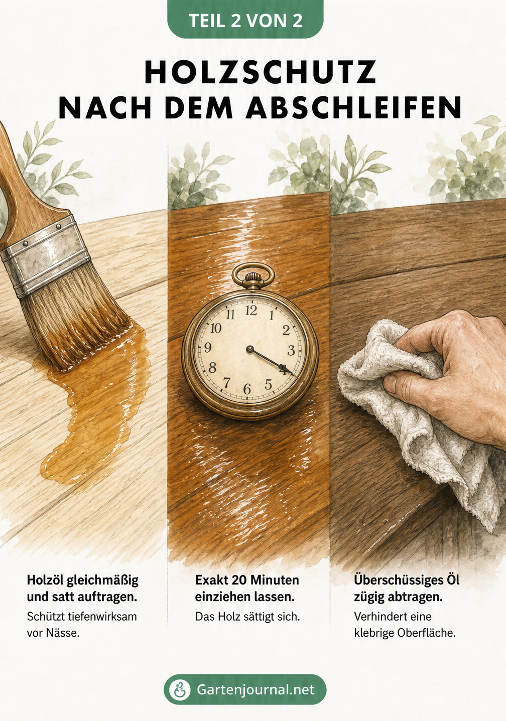 Drei Schritte der Holzpflege mit Öl: Gleichmäßiges Auftragen mit einem Pinsel, 20 Minuten Einwirkzeit und Abtragen des überschüssigen Öls mit einem Tuch