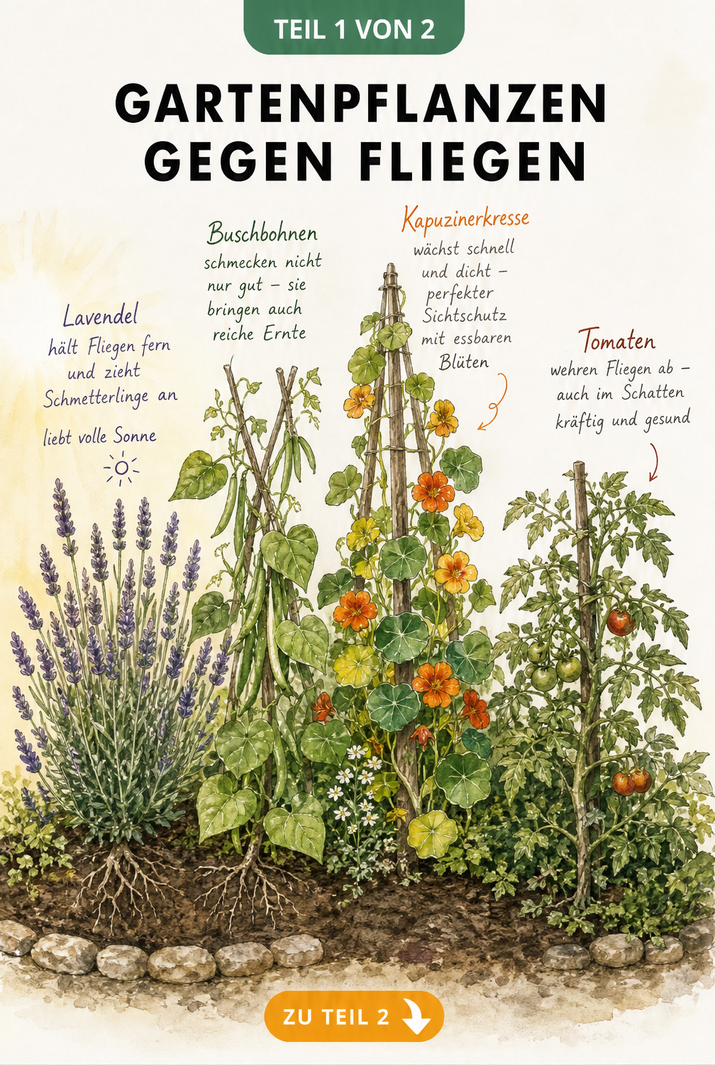 Botanische Illustration eines Gartenbeets mit Lavendel, Buschbohnen, Kapuzinerkresse und Tomaten zur Fliegenabwehr
