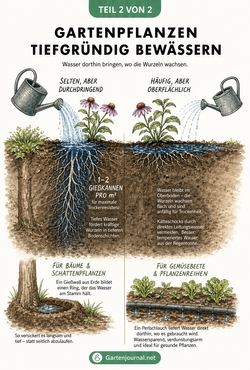 Querschnitt durch den Gartenboden, der tiefgründiges Gießen im Vergleich zu oberflächlichem Gießen sowie die Nutzung von Gießwall und Perlschlauch darstellt.