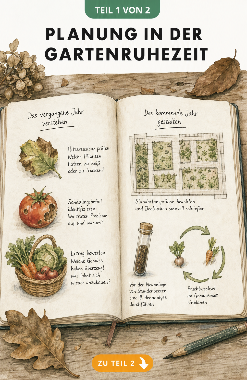 Aufgeschlagenes Notizbuch mit Skizzen zur Gartenplanung, Bodenanalyse und Fruchtwechsel auf einem Holztisch