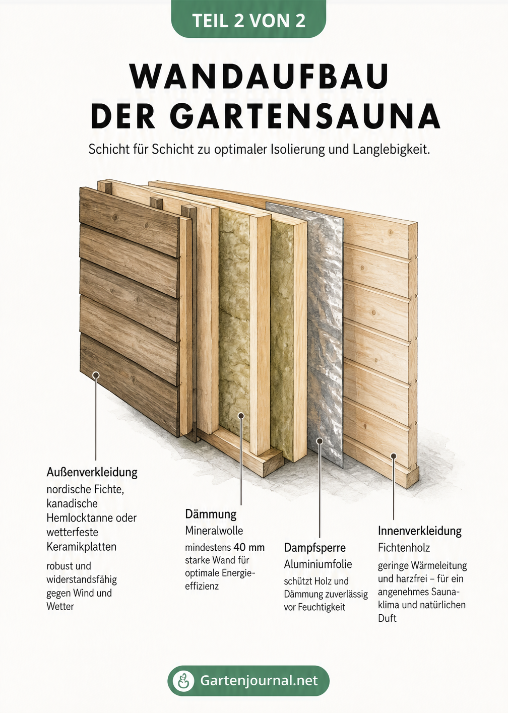 Isometrische Detailansicht des Wandaufbaus einer Gartensauna mit Außenverkleidung, Mineralwolle, Dampfsperre und Innenverkleidung